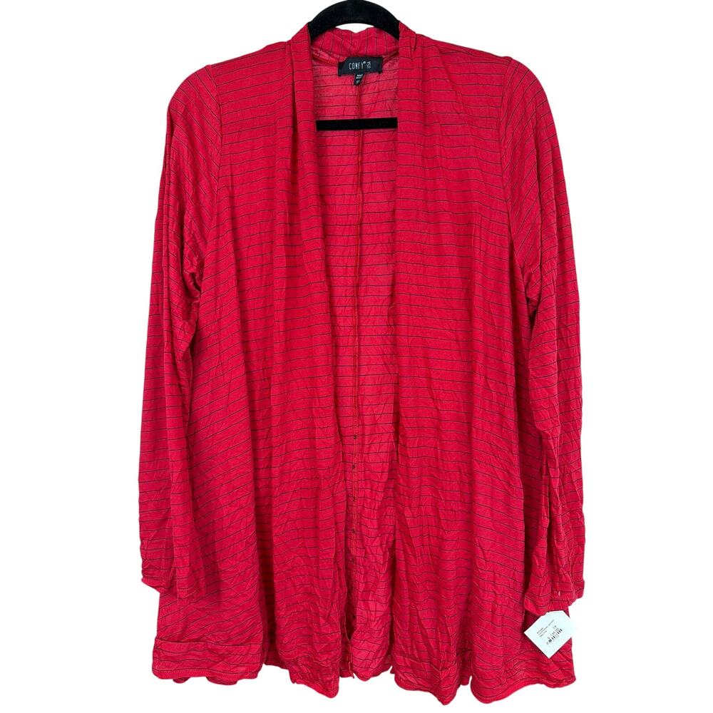Comfy USA Red With Black Stripes Long Sleeve Button Back Crinkle Cardigan 1X